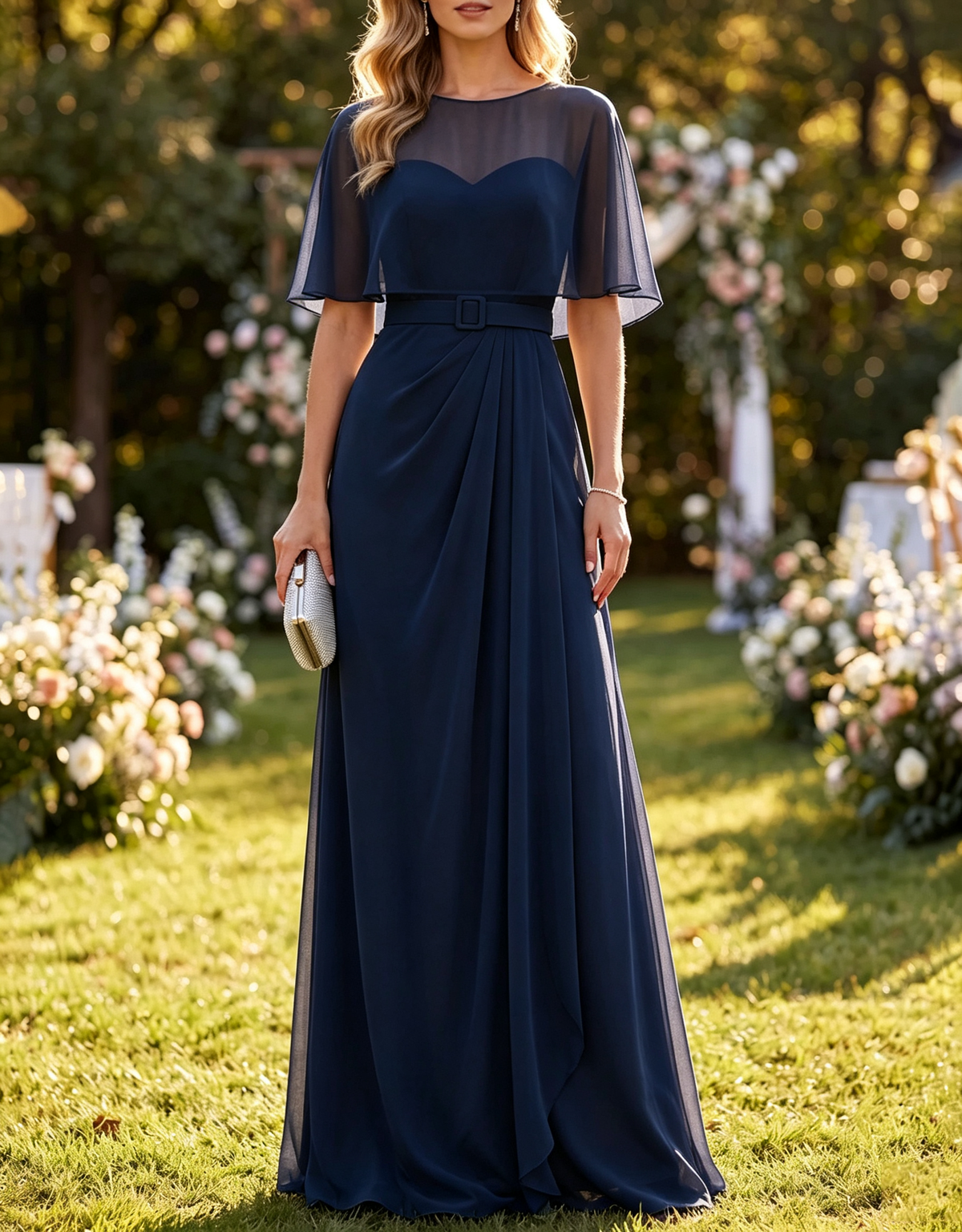 Vestido largo drapeado de gasa con escote redondo, capa corta y cintura ceñida con cinturón