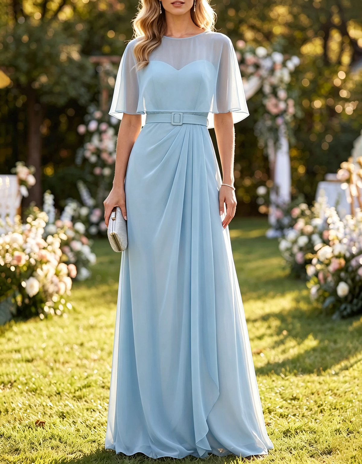 Chiffon-Maxikleid mit rundem Ausschnitt, Capelet, Taillengürtel und Drapierung