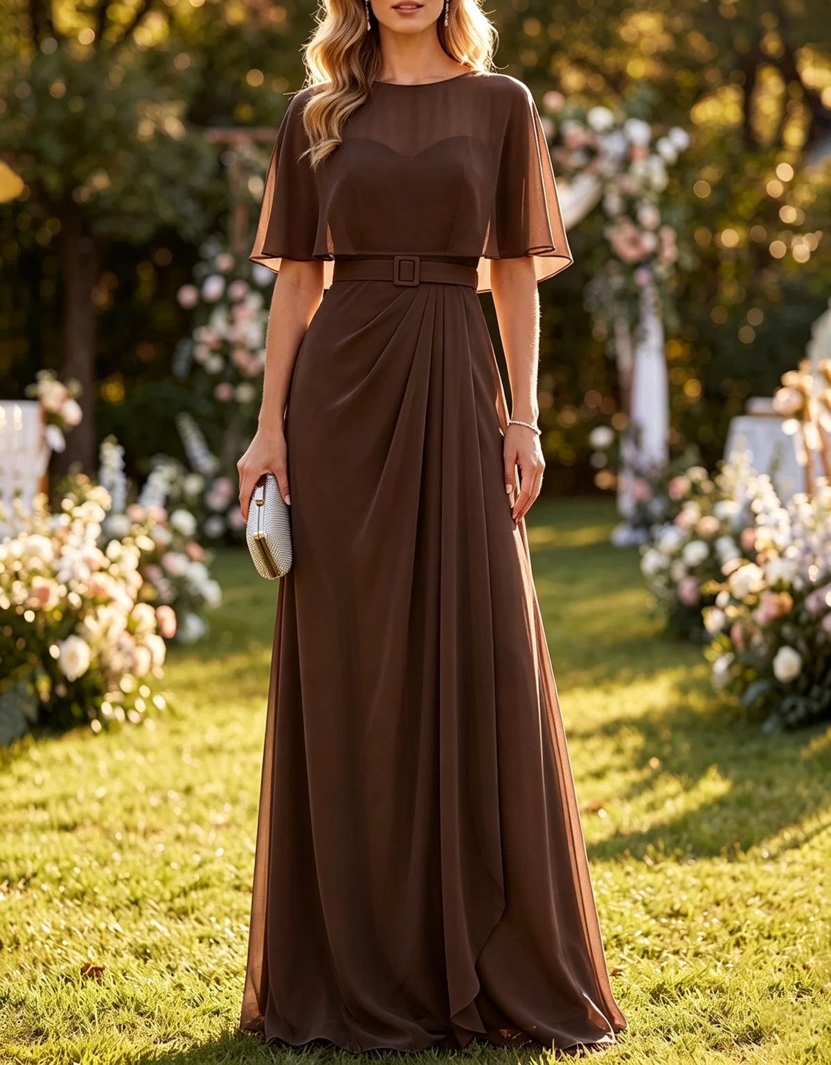 Vestido largo drapeado de gasa con escote redondo, capa corta y cintura ceñida con cinturón