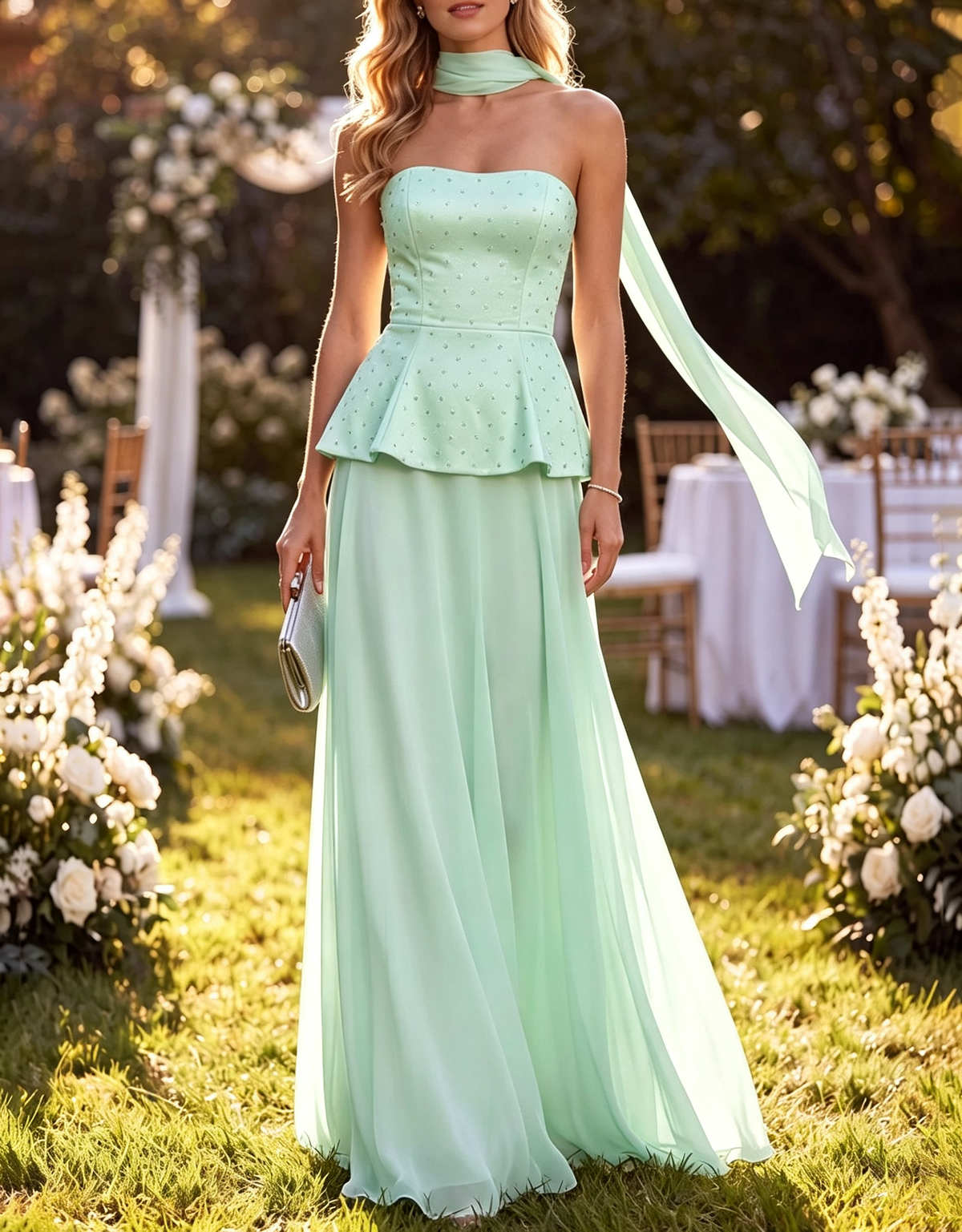 Trägerloses Maxikleid aus Satin mit Strassverzierung, schwebendem Chiffonband und Schärpe