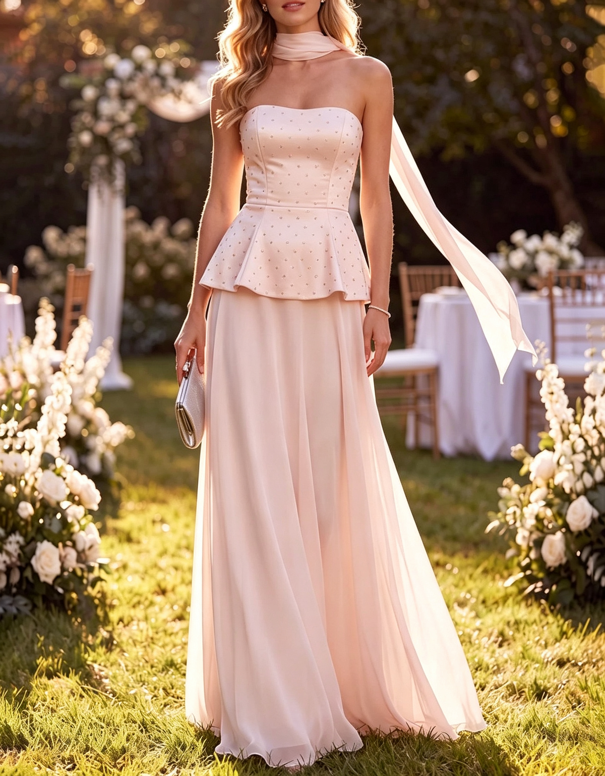 Trägerloses Maxikleid aus Satin mit Strassverzierung, schwebendem Chiffonband und Schärpe