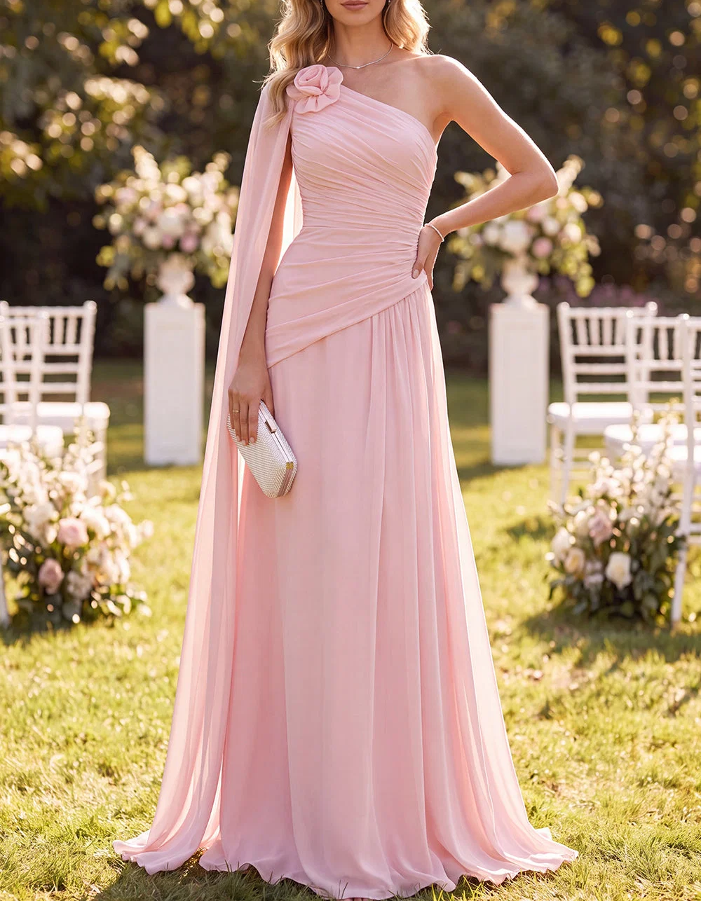 Vestido maxi de chiffon com capa franzida, floral 3D e um ombro só