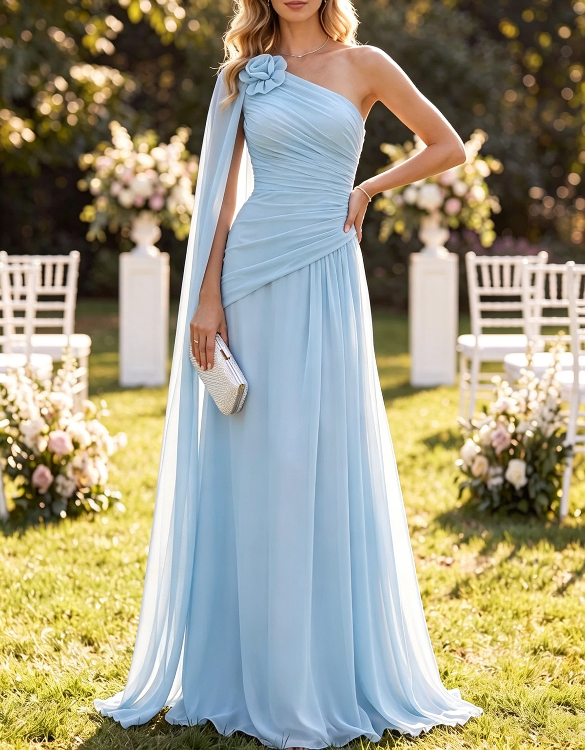 Vestido maxi de chiffon com capa franzida, floral 3D e um ombro só