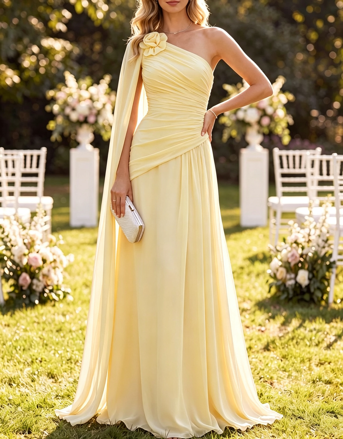 Vestido maxi de chiffon com capa franzida, floral 3D e um ombro só
