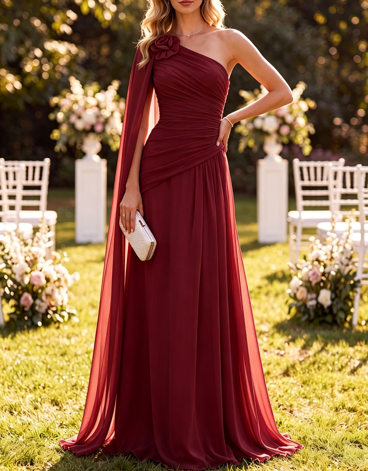 Vestido maxi de chiffon com capa franzida, floral 3D e um ombro só