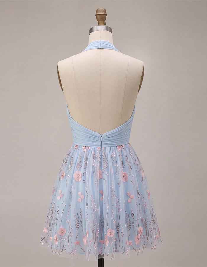 Light Blue Halter Neck Chiffon Floral Mini Dress