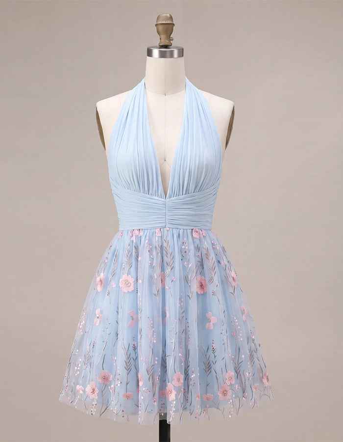 Light Blue Halter Neck Chiffon Floral Mini Dress