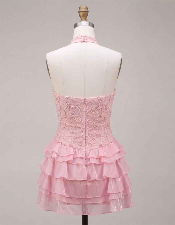 Pink Halter Neck Floral Layered Mini Dress