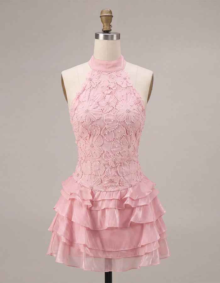 Pink Halter Neck Floral Layered Mini Dress