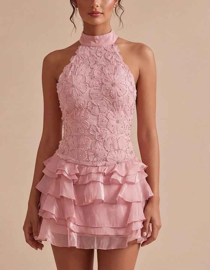 Pink Halter Neck Floral Layered Mini Dress
