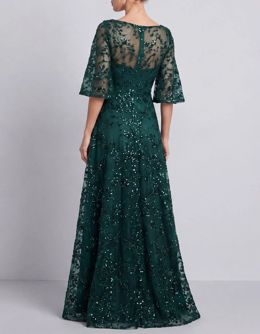 Round Neck Sequin Lace Elbow Flare Sleeve A‑Line Maxi Evening Dress
