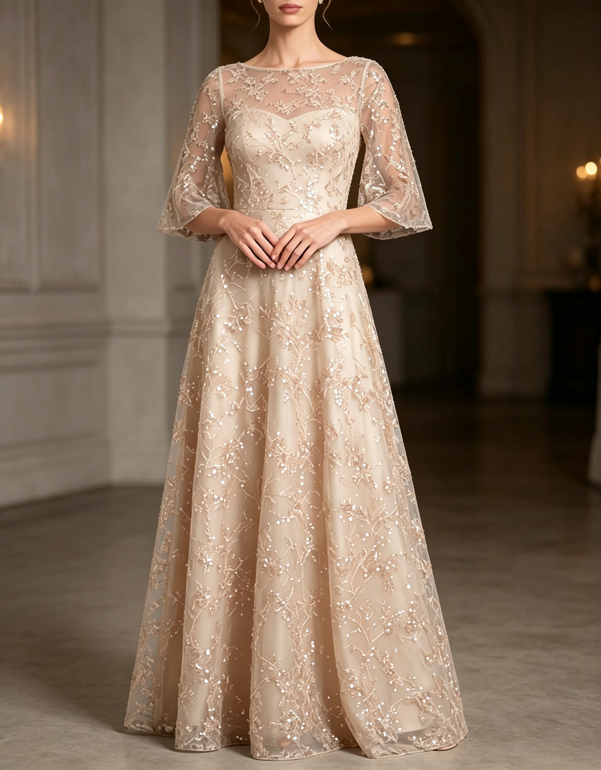 Vestido de noche largo evasé con escote redondo, lentejuelas, encaje y mangas acampanadas hasta el codo