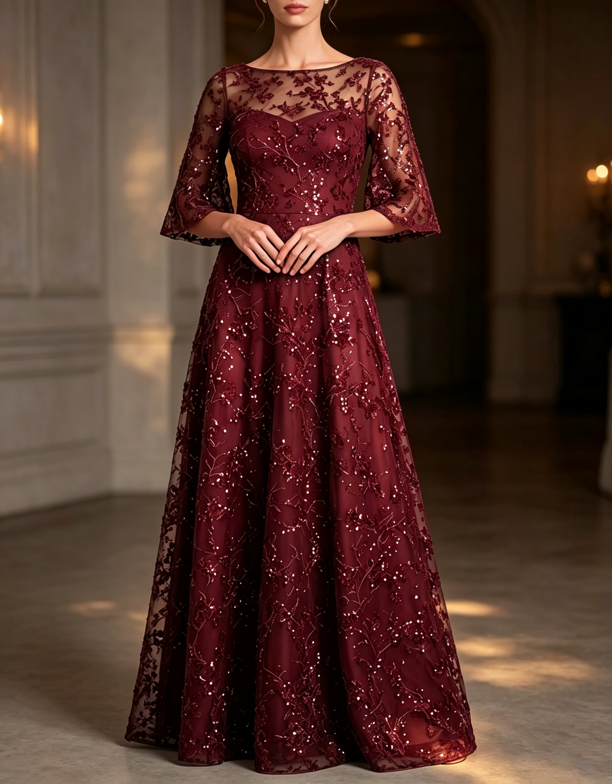 Vestido de noche largo evasé con escote redondo, lentejuelas, encaje y mangas acampanadas hasta el codo