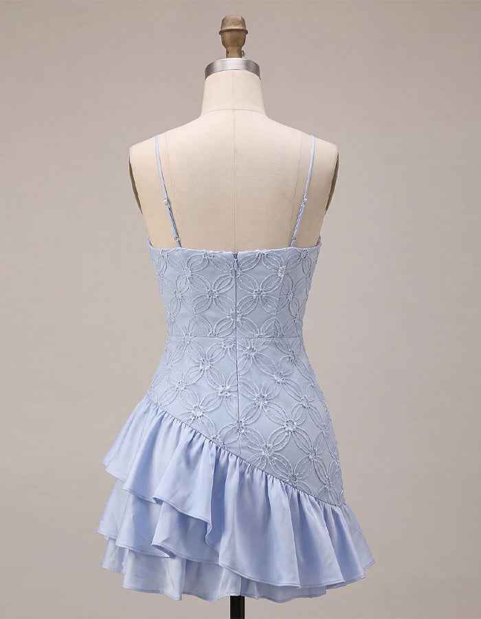 Light Blue Embroidered Ruffle Mini Dress