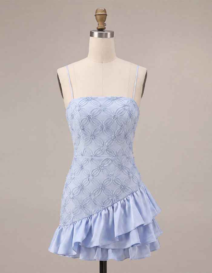 Light Blue Embroidered Ruffle Mini Dress