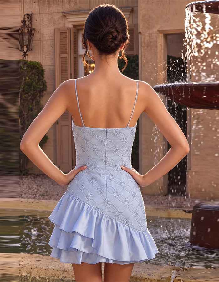 Light Blue Embroidered Ruffle Mini Dress