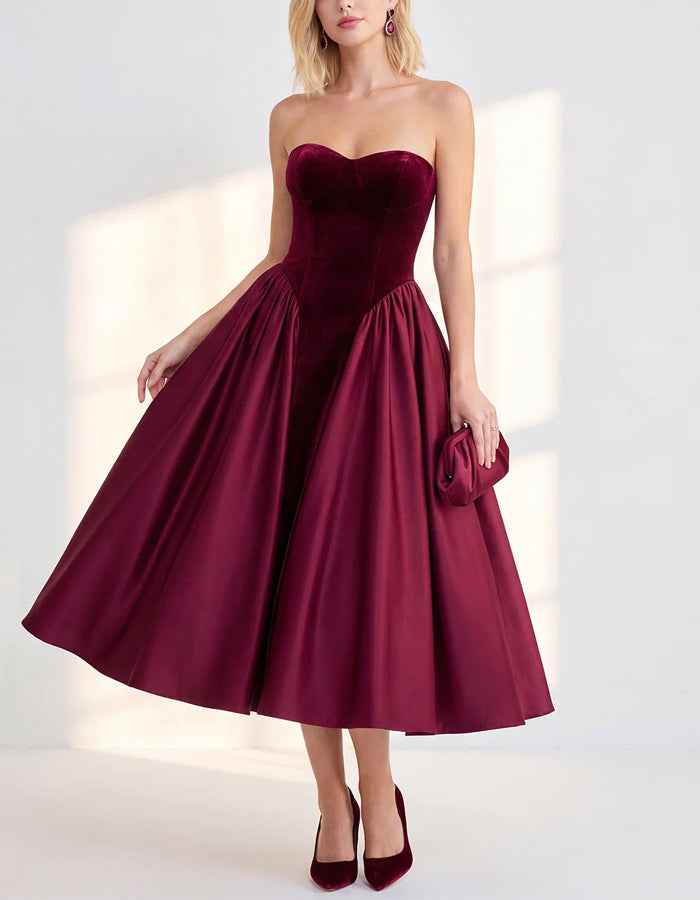 Solid Color Strapless Velvet With Satin Midi Dress