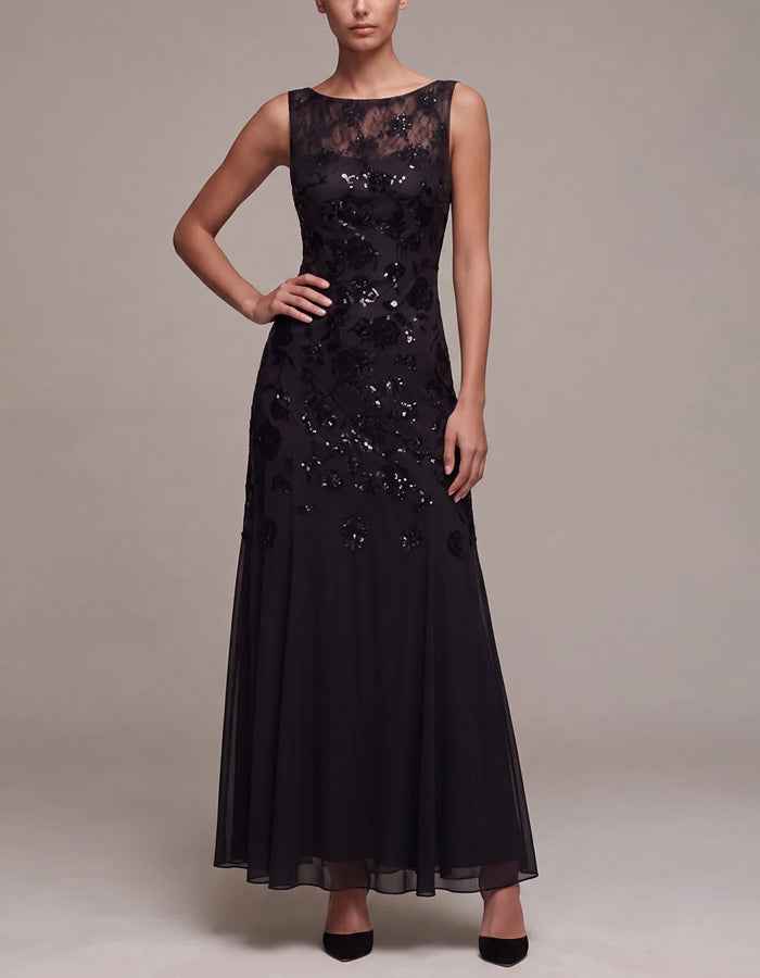 Black Sleeveless Sequined Lace Maxi Dress