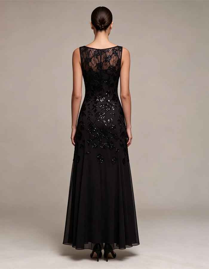 Black Sleeveless Sequined Lace Maxi Dress