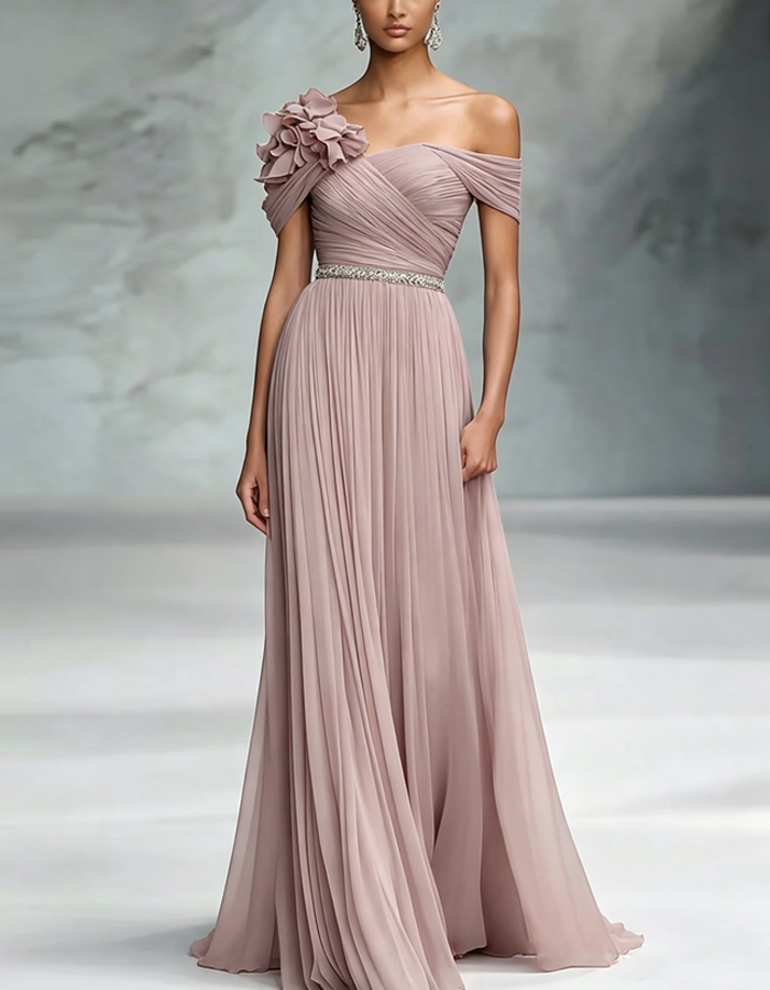 Vestido maxi de chiffon torcido, com ombros descobertos