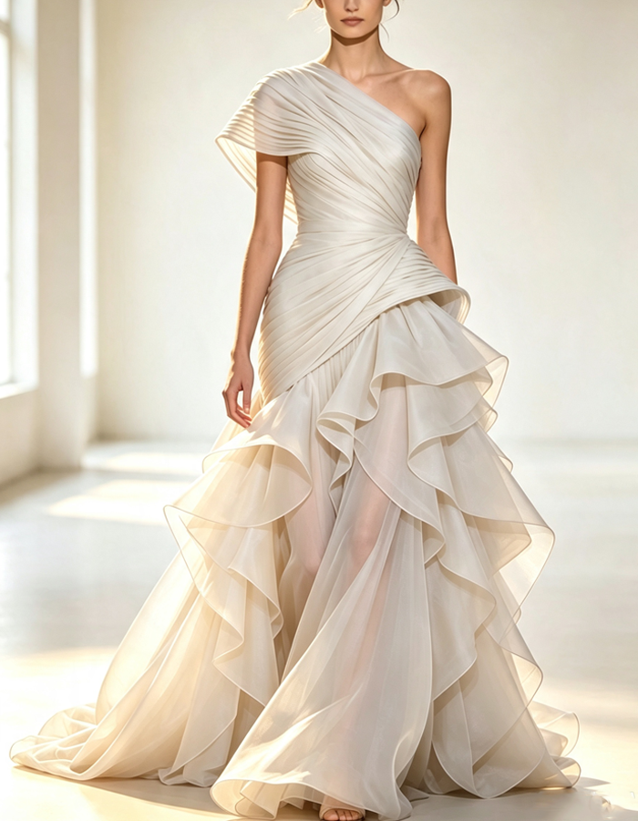 Vestido Maxi Assimétrico com Pregas e Um Ombro Só