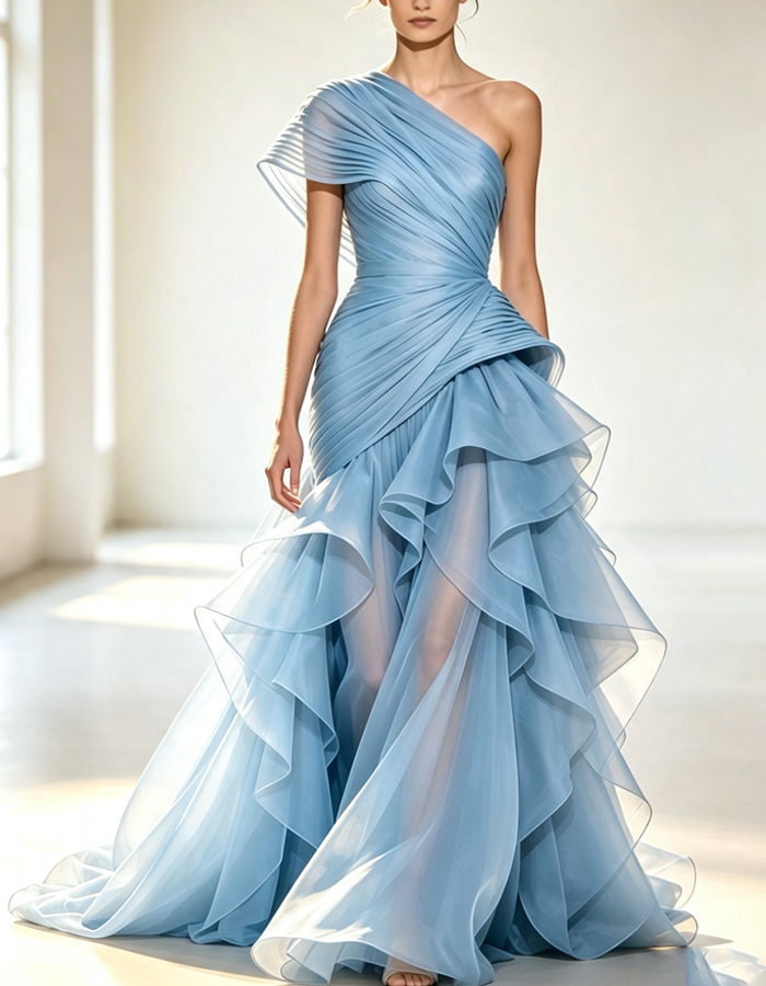 Vestido Maxi Assimétrico com Pregas e Um Ombro Só