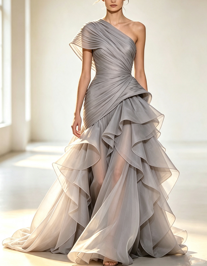 Vestido Maxi Assimétrico com Pregas e Um Ombro Só