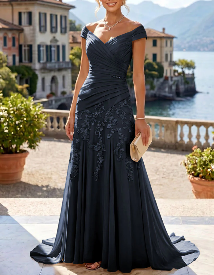 Off-the-Shoulder Lace Applique Ruched Chiffon Mermaid Maxi Dress