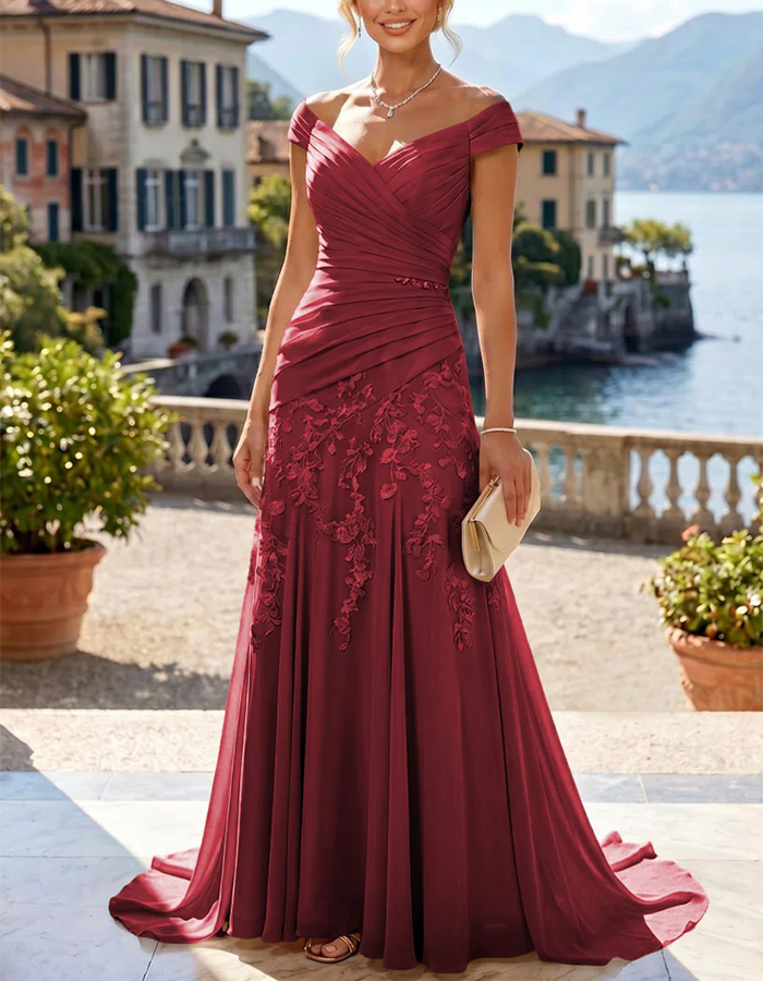Off-the-Shoulder Lace Applique Ruched Chiffon Mermaid Maxi Dress
