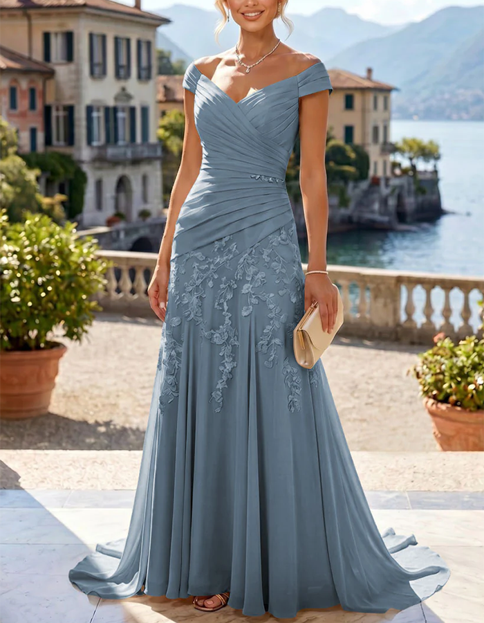 Off-the-Shoulder Lace Applique Ruched Chiffon Mermaid Maxi Dress
