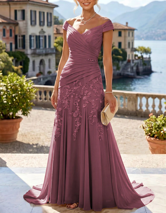 Off-the-Shoulder Lace Applique Ruched Chiffon Mermaid Maxi Dress