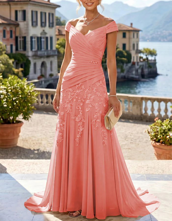 Off-the-Shoulder Lace Applique Ruched Chiffon Mermaid Maxi Dress