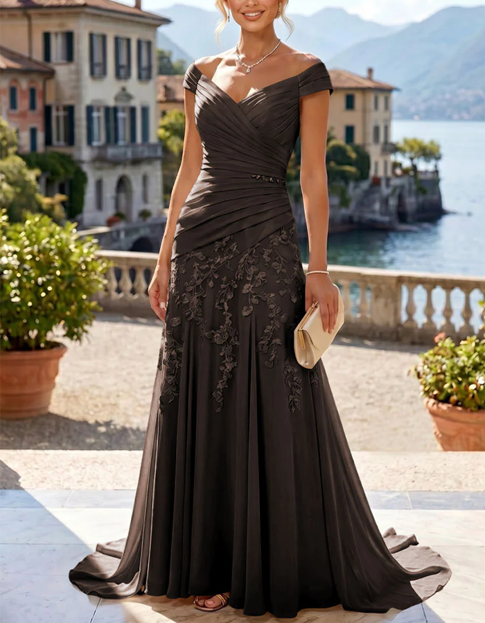 Off-the-Shoulder Lace Applique Ruched Chiffon Mermaid Maxi Dress