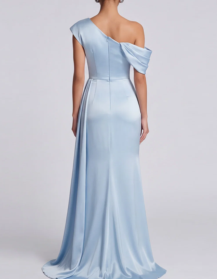 One-shoulder Draped Satin Evening Maxi Dress