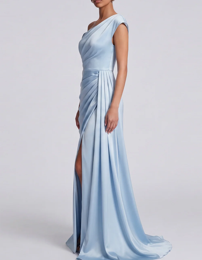 One-shoulder Draped Satin Evening Maxi Dress