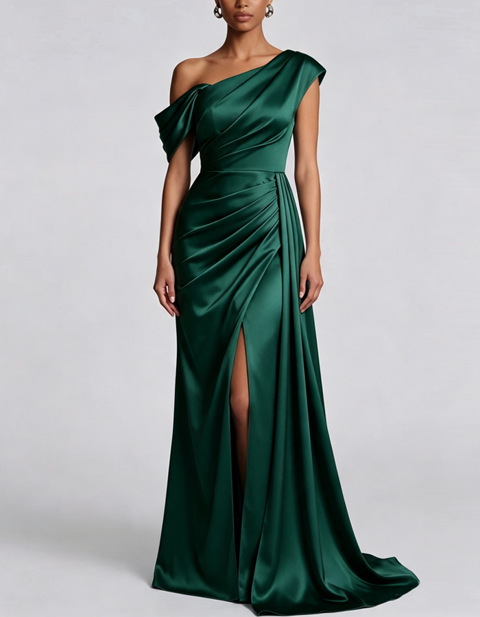 One-shoulder Draped Satin Evening Maxi Dress