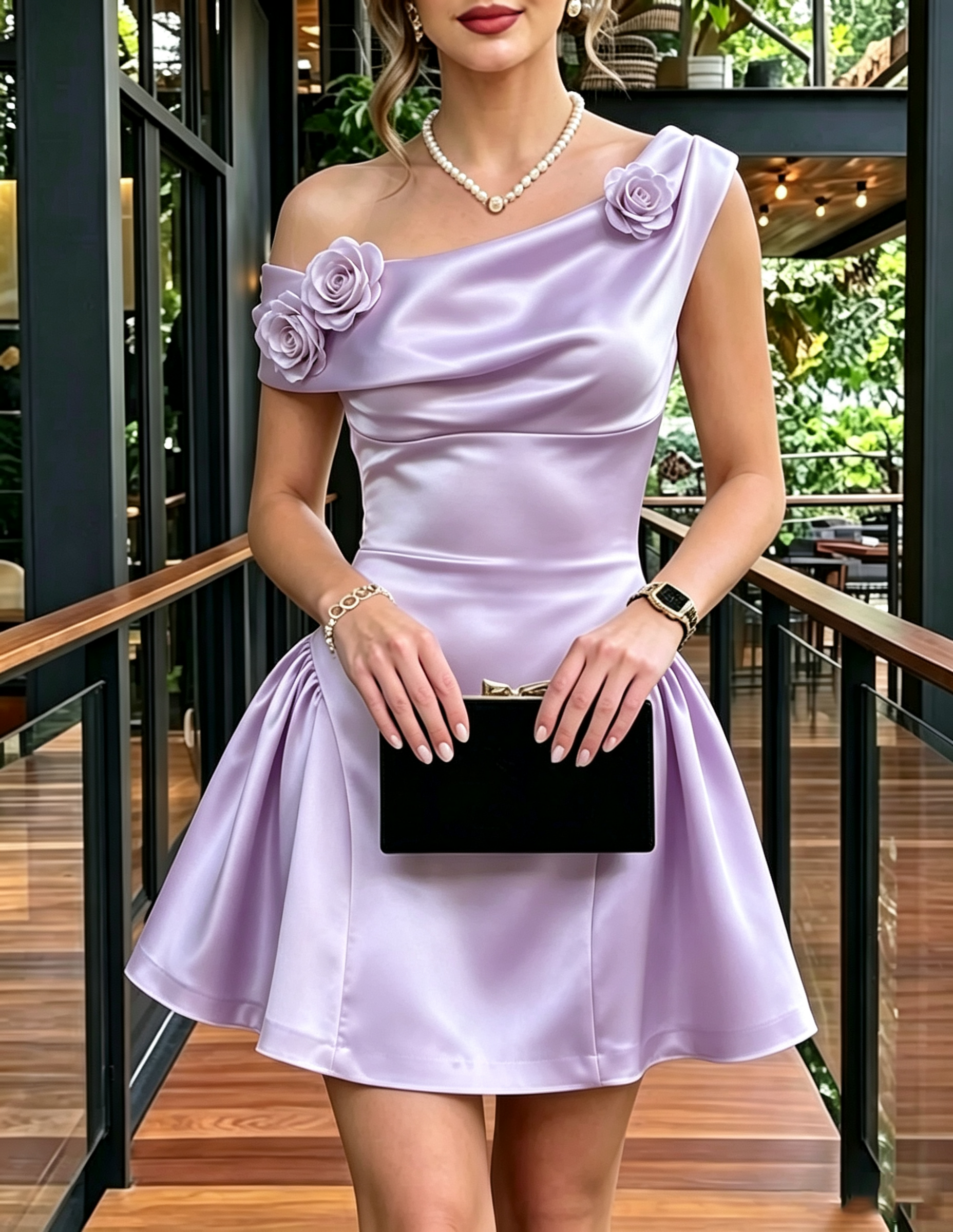 Vestido mini de cetim em linha A, com ombro drapeado assimétrico e flores 3D
