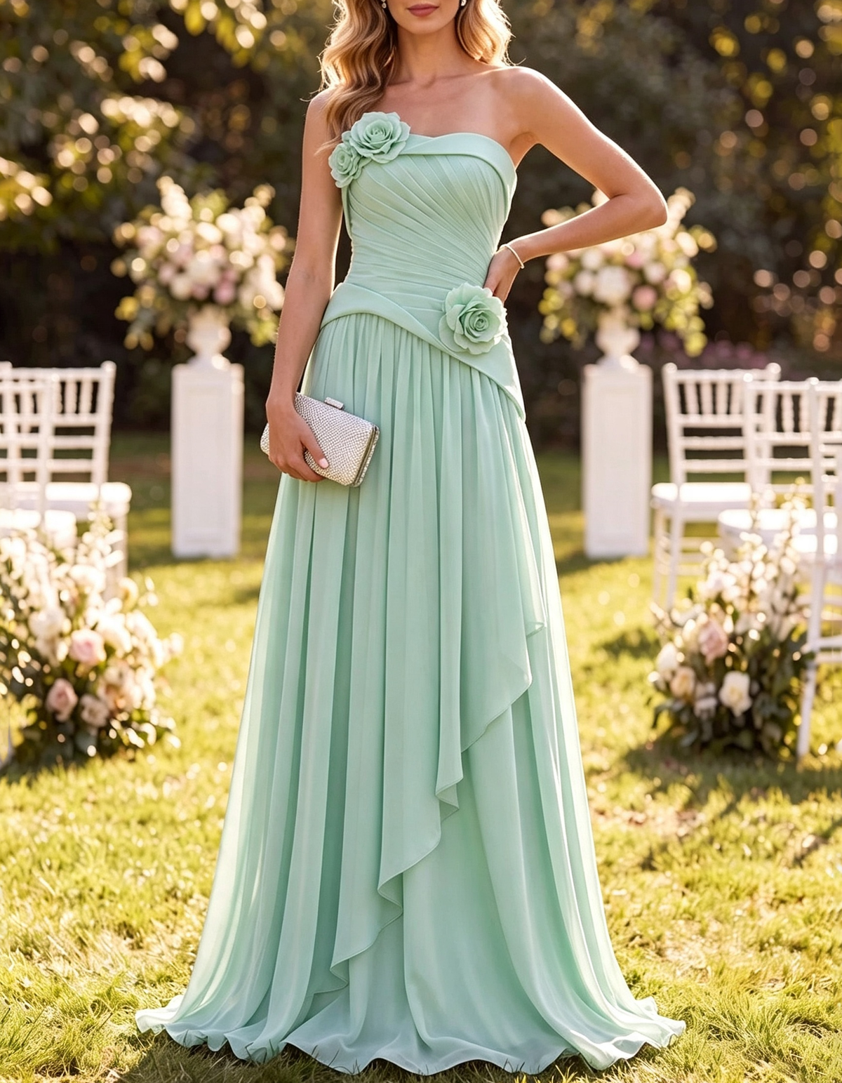 Vestido maxi de chiffon plissado, evasé, com flores 3D e sem alças