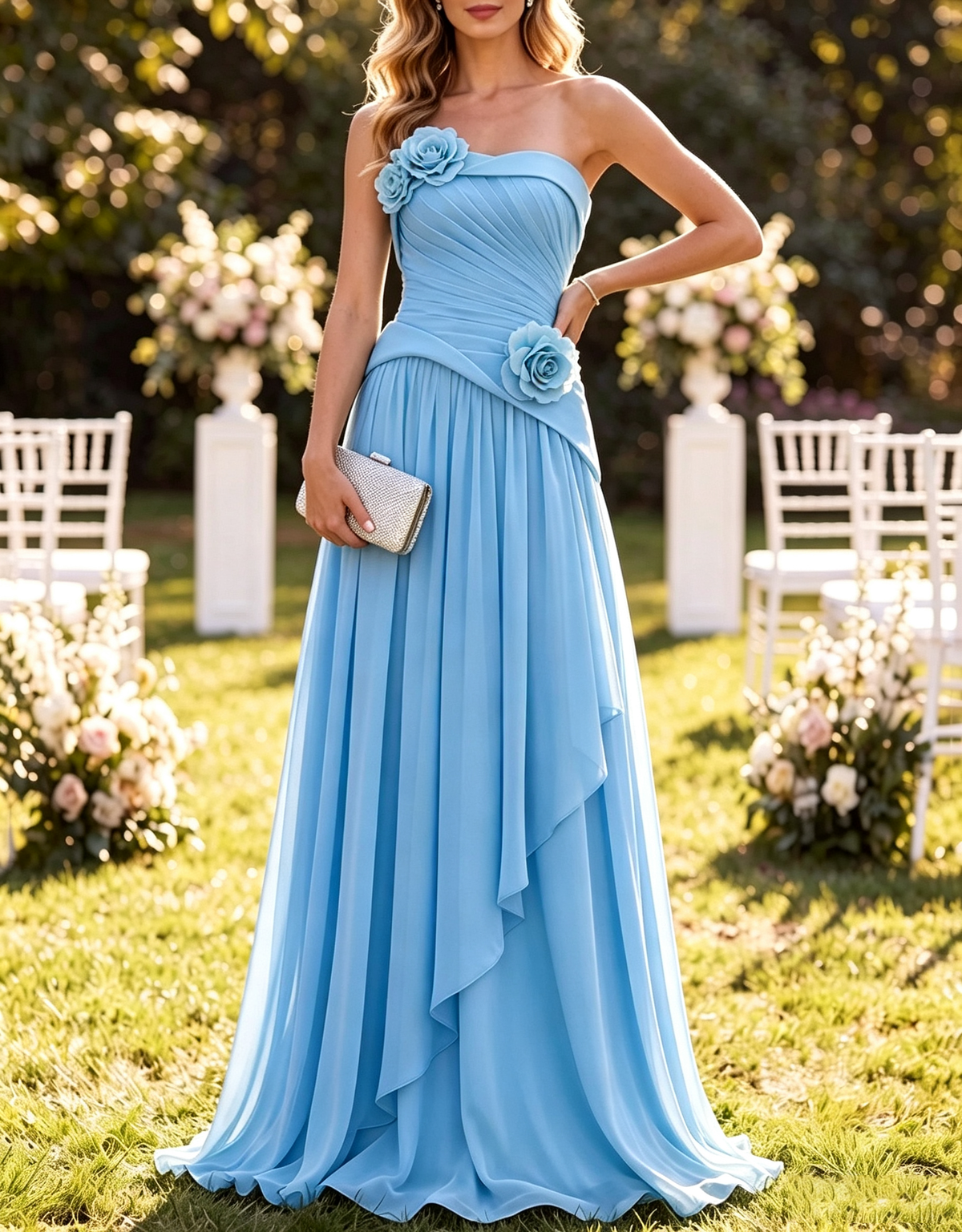 Vestido maxi de chiffon plissado, evasé, com flores 3D e sem alças