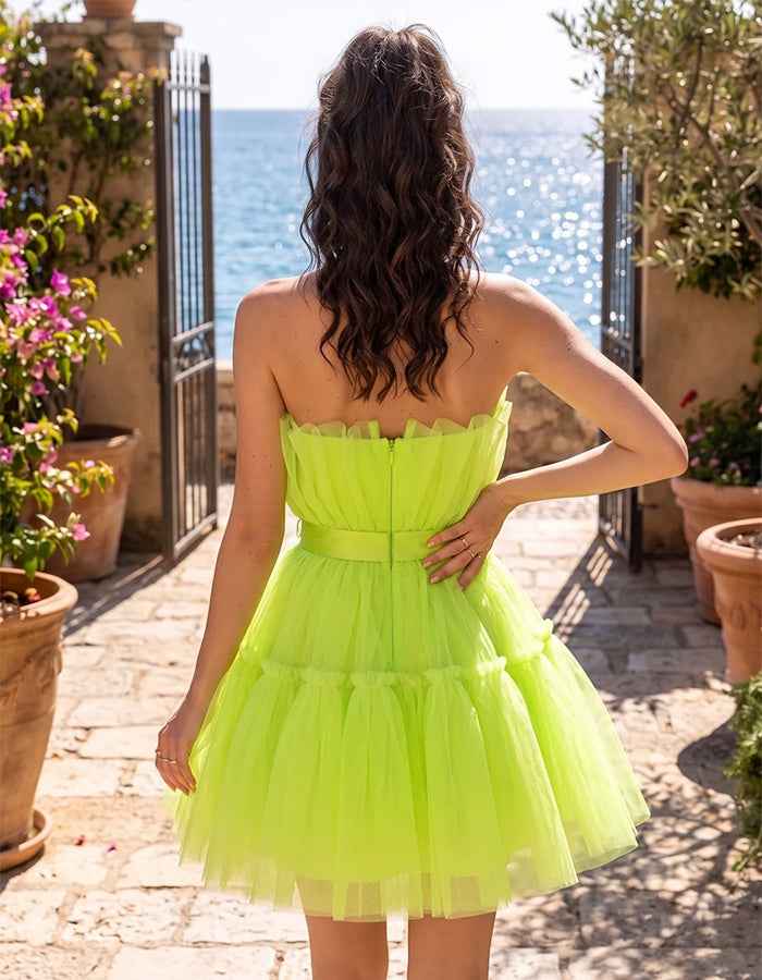 Yellow Green Strapless Bow Tulle Mini Dress