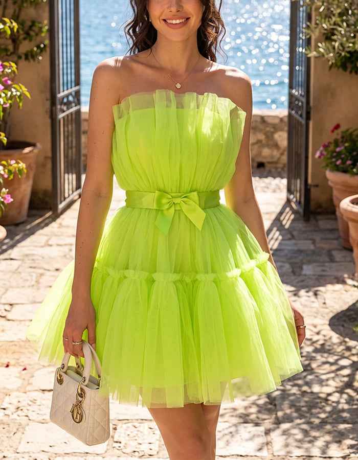Yellow Green Strapless Bow Tulle Mini Dress