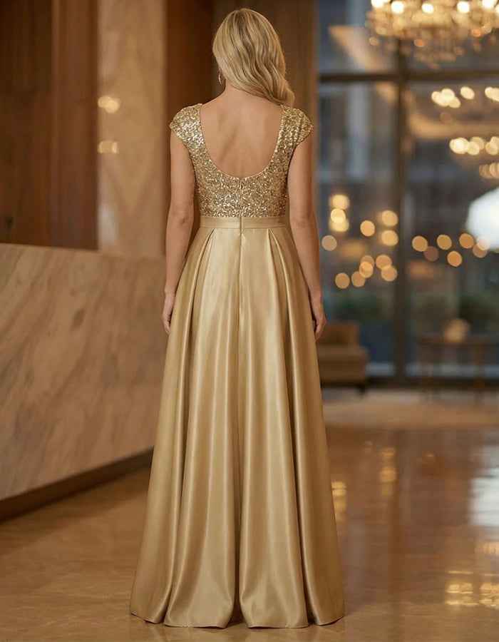 Solid Color Sequined Short Sleeved Satin Maxi Dress