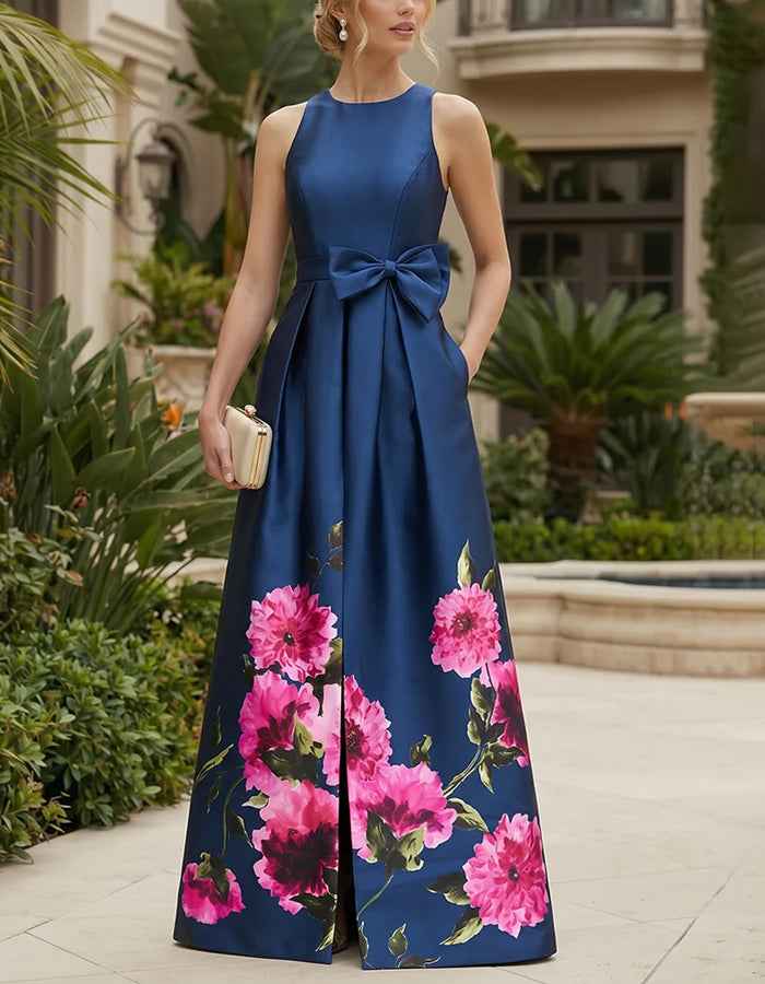 Dark Blue Sleeveless Satin With Bow Print Maxi Dress