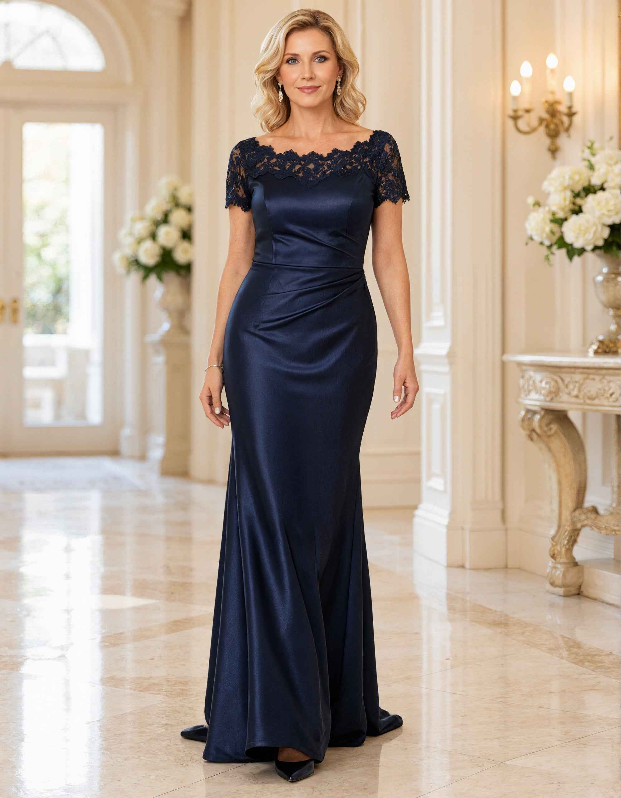 Dark Blue Lace Off Shoulder Satin Fishtail Maxi Dress