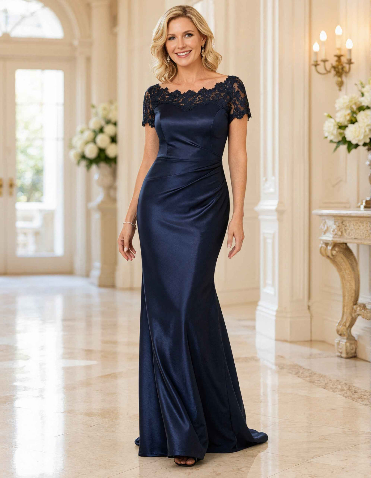 Dark Blue Lace Off Shoulder Satin Fishtail Maxi Dress