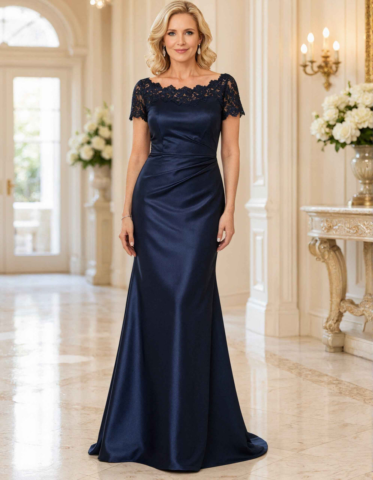 Dark Blue Lace Off Shoulder Satin Fishtail Maxi Dress