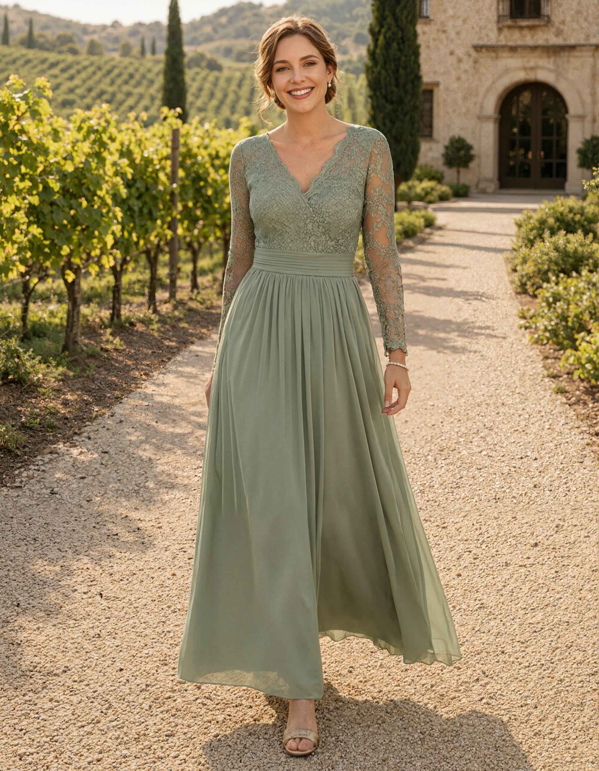 Sage Green V-Neck Lace Long Sleeve Chiffon Maxi Dress