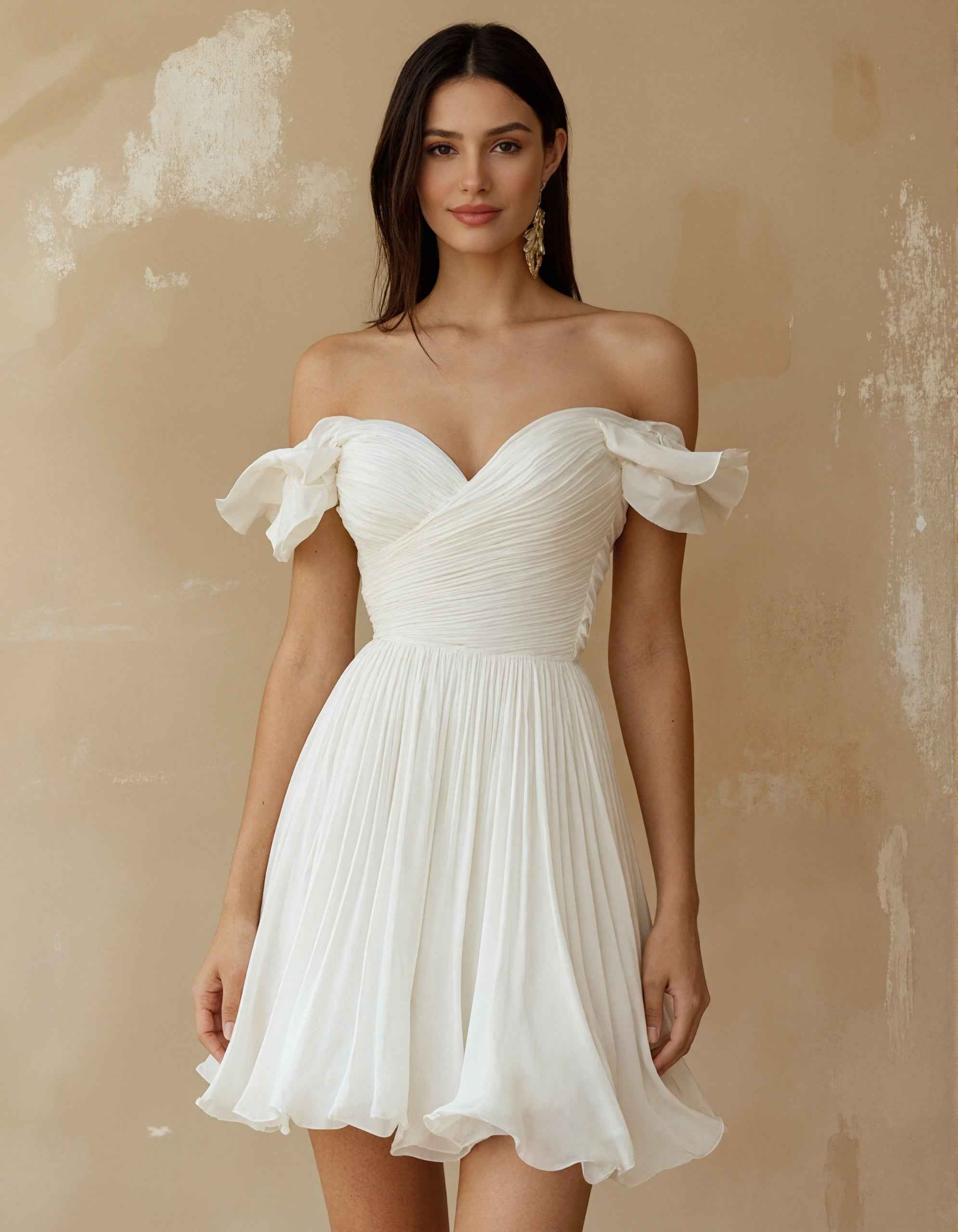 Solid Color Off Shoulder Ruffled Chiffon Mini Dress