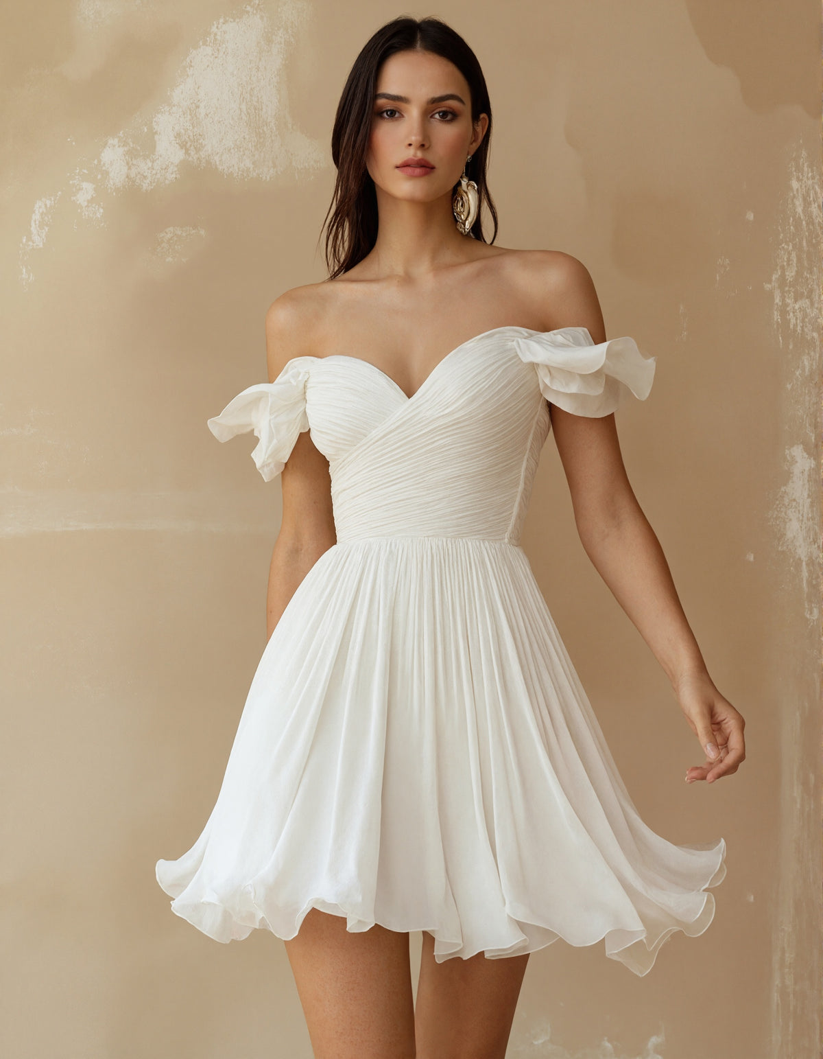 Solid Color Off Shoulder Ruffled Chiffon Mini Dress