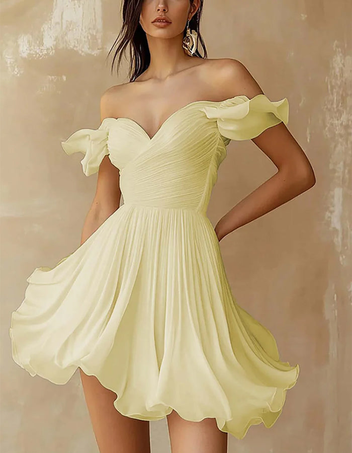 Vestido mini de gasa con volantes, hombros descubiertos y color liso